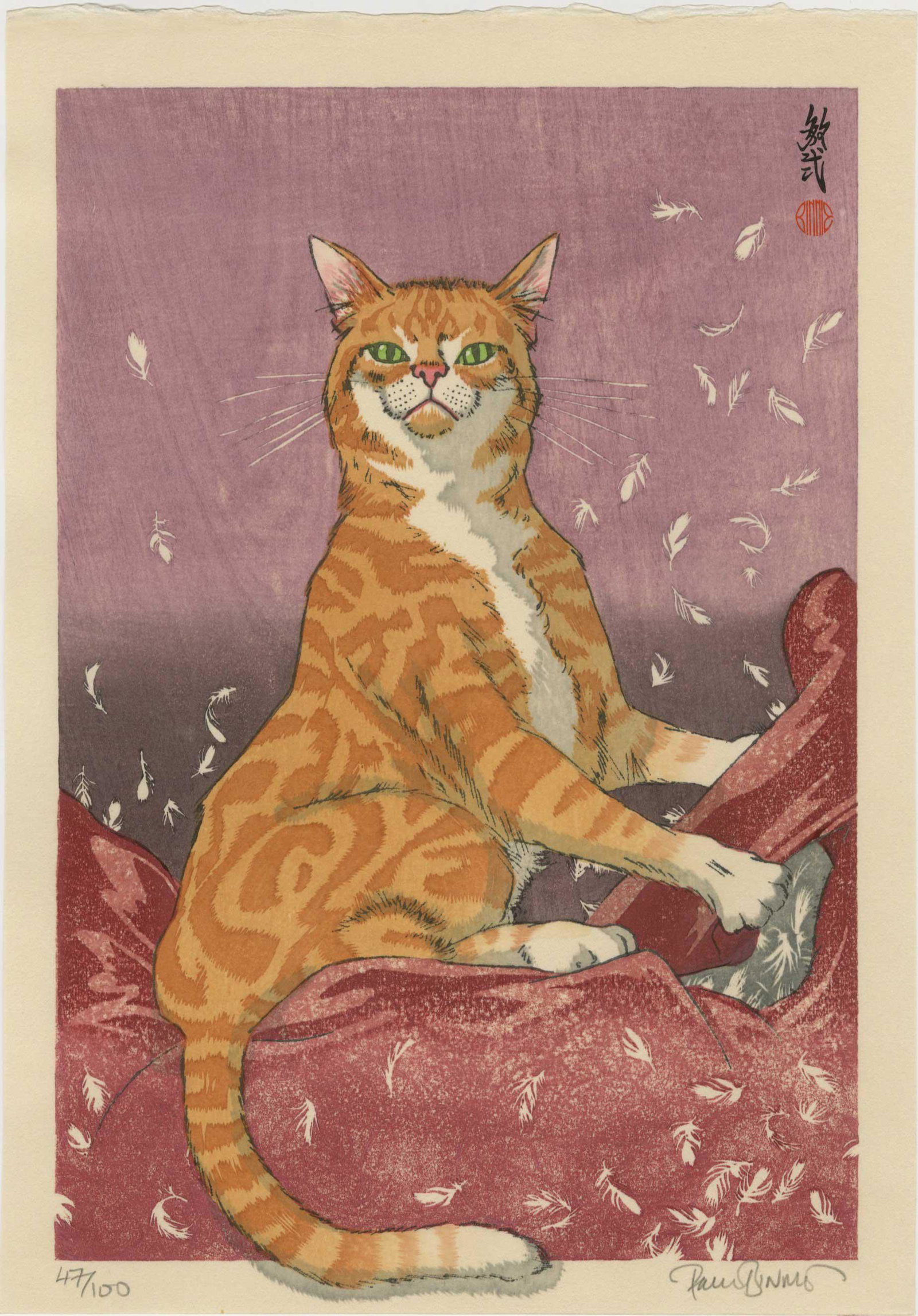 Paul Binnie: Cat Feathers (Red) 1st Ed Woodblock (1 of 2)
