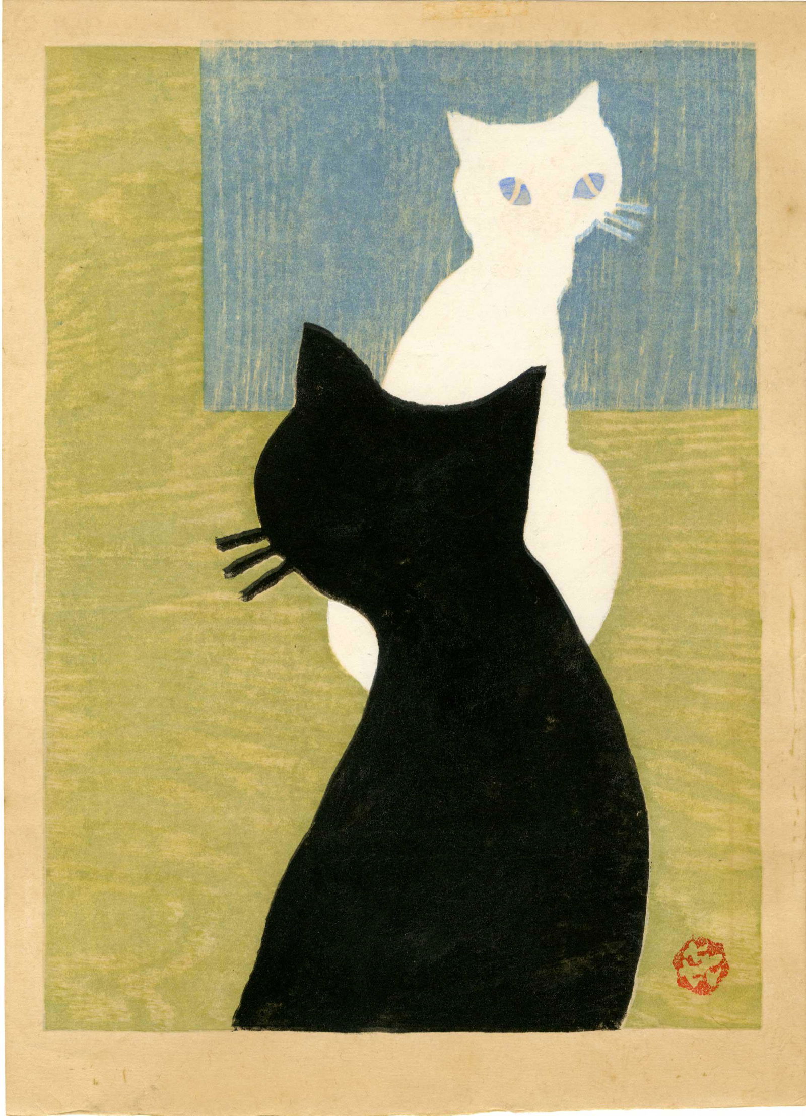 Sasajima Kihei: Black and White Cats Woodblock (1 of 2)