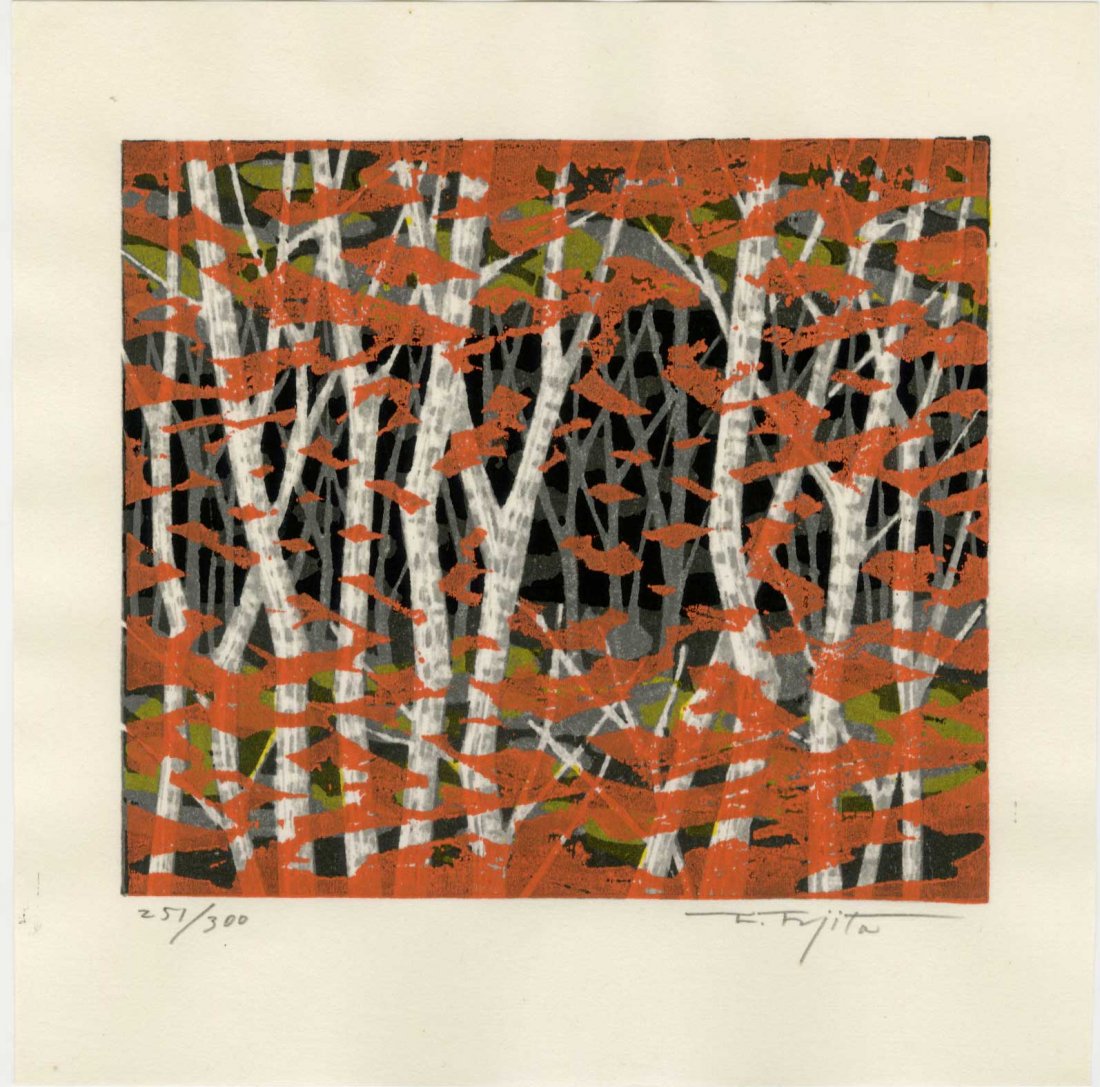 Fujita Fumio: Autumn 1990 1st Edition Woodblock: Japanese Woodblock Print, 1990, 1st edition, pencil signed and numbered 251/300 by Fujita SIZE IN INCHES: 8 x 8 COMMENTS: Perhaps Fujita Fumio's most coveted design FUJITA FUMIO graduated from the Mus