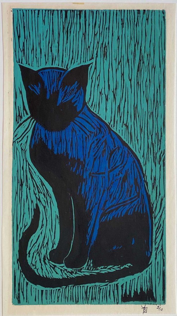 Unknown -  Blue Cat #2/10 woodblock LARGE NR (1 of 2)