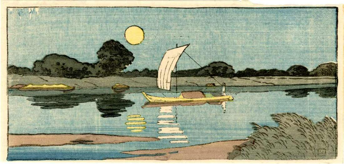 Hasui Kawase - Moonlit Night at Kawagishi, 1924 RARE (1 of 2)