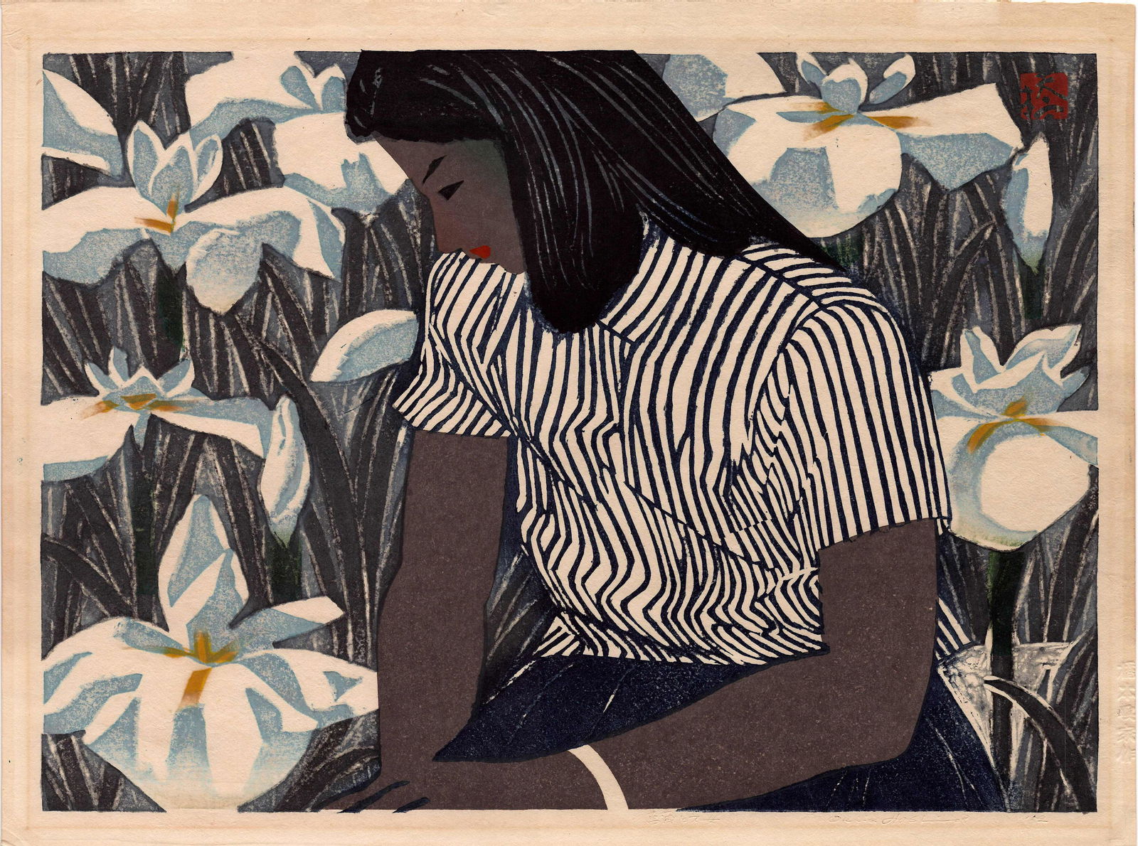 Okiie Hashimoto: Young Girl and Irises 1952 Woodblock (1 of 2)
