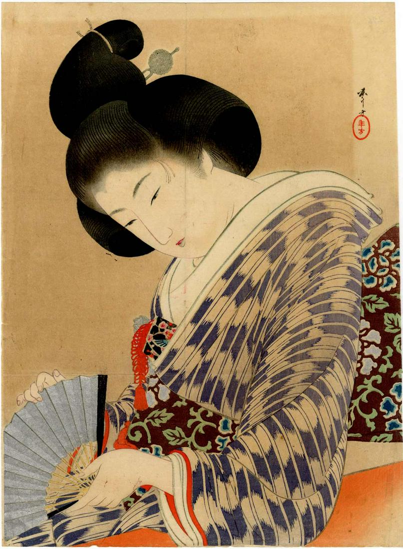 Mizuno Toshikata: Woman with Fan Woodblock (1 of 2)