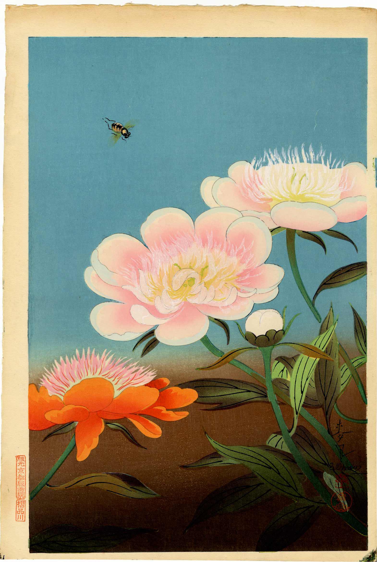 Bakufu Ohno: Bee and Peony 1950s Woodblock (1 of 2)