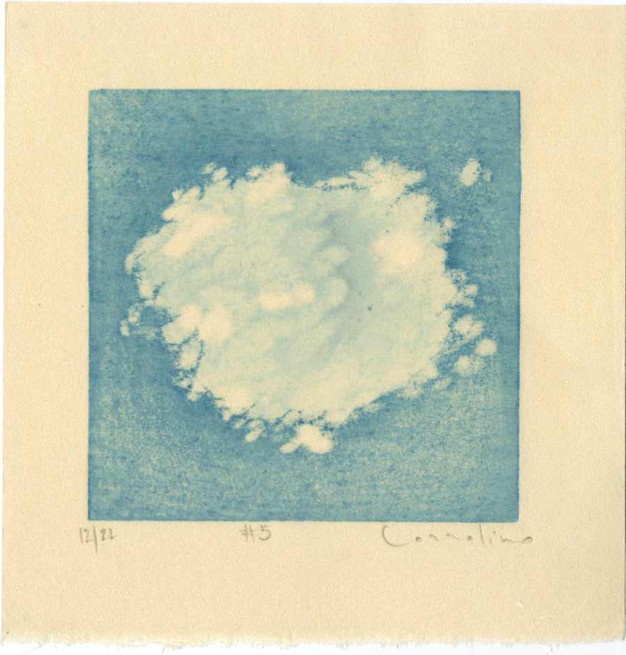Mara Cozzolino: Cloud # 5 1st Ed. Woodblock: Japanese-style Woodblock Print, 2020, pencil signed, titled and numbered 12/22 in the bottom margin. SIZE IN INCHES: 6 x 6 inches WHAT IS A REDUCTION WOODBLOCK PRINT? Reduction woodblock printing is a