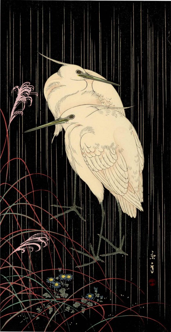 Keinen Imao: Egrets in Night Rain 1930s Woodblock: Japanese Woodblock Print, c.1930, published by the Shima Art Co., signed and sealed Keinen. SIZE IN INCHES: ohosoban, 7.5 x 15 inches PROVENANCE: From the Robert O. Muller estate IMAO KEINEN (1845-192