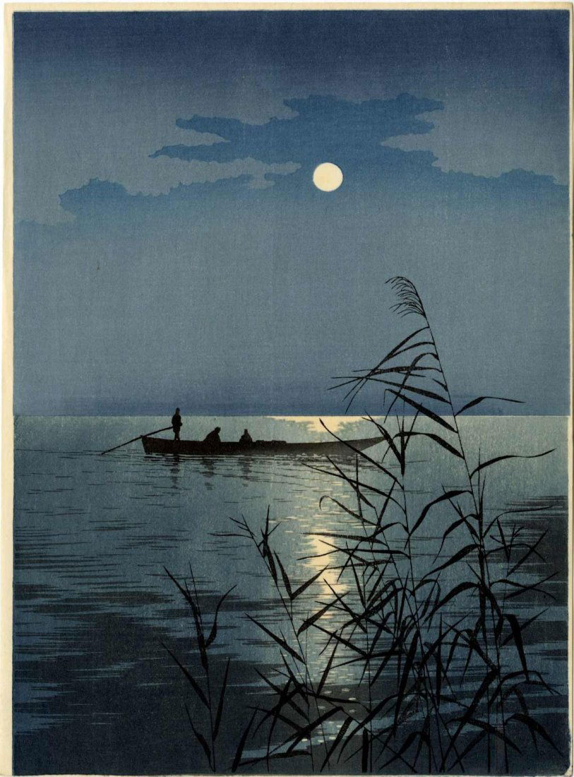Shoda Koho: Summer Moon and Reeds 1910s Woodblock (1 of 2)