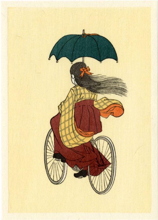 Chikanobu Toyohara: Girl on a Bike Woodblock: Japanese Woodblock Print, late printing SIZE IN INCHES: 4.25 x 6 inches TOYOHARA CHIKANOBU (1838â€“1912), better known to his contemporaries as Yoshu Chikanobu, was a prolific woodblock artist of