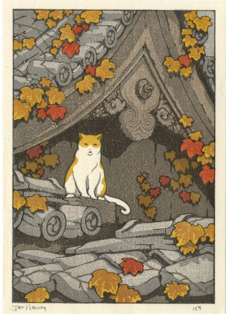 Jed Henry: Kyoto Temple Cat Woodblock: Japanese Woodblock Print, undated contemporay print, pencil signed Jed Henry and numbered 159 SIZE IN INCHES: 5 x 7 inches