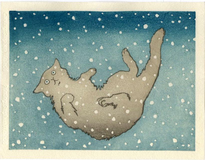 Nicolas Nemiri: Cat Falling in Snow Woodblock (1 of 2)