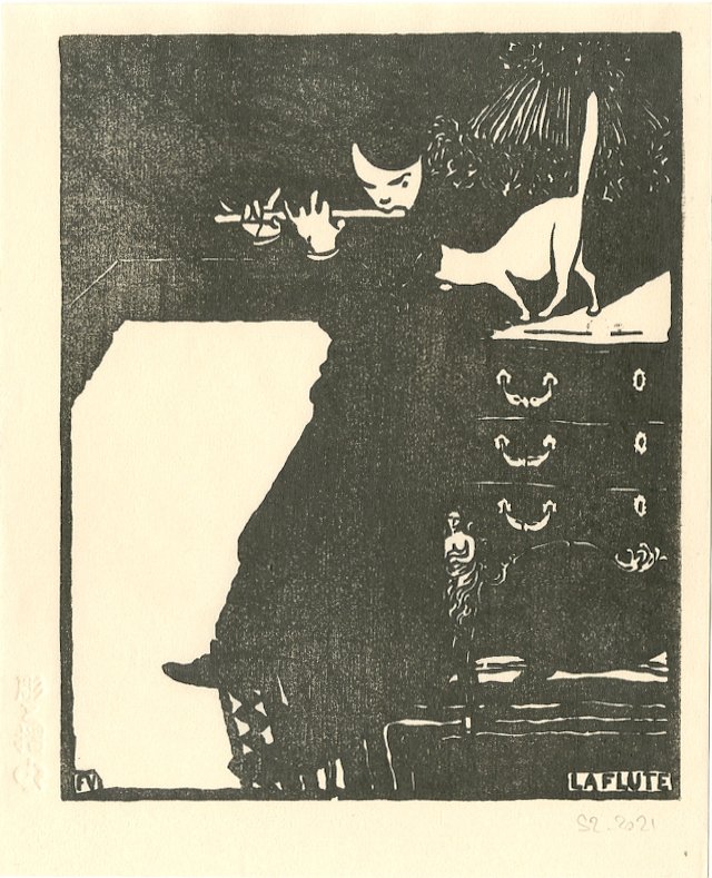 Felix Valloton: La Flute (The Flute) Woodblock: Woodblock Print, 2021, initialled FV in the block SIZE IN INCHES: koban, 6.5 x 8.25 inches COMMENTS: Contemporary printing from recarved woodblocks of the 1896 original showing a woman playing a flute