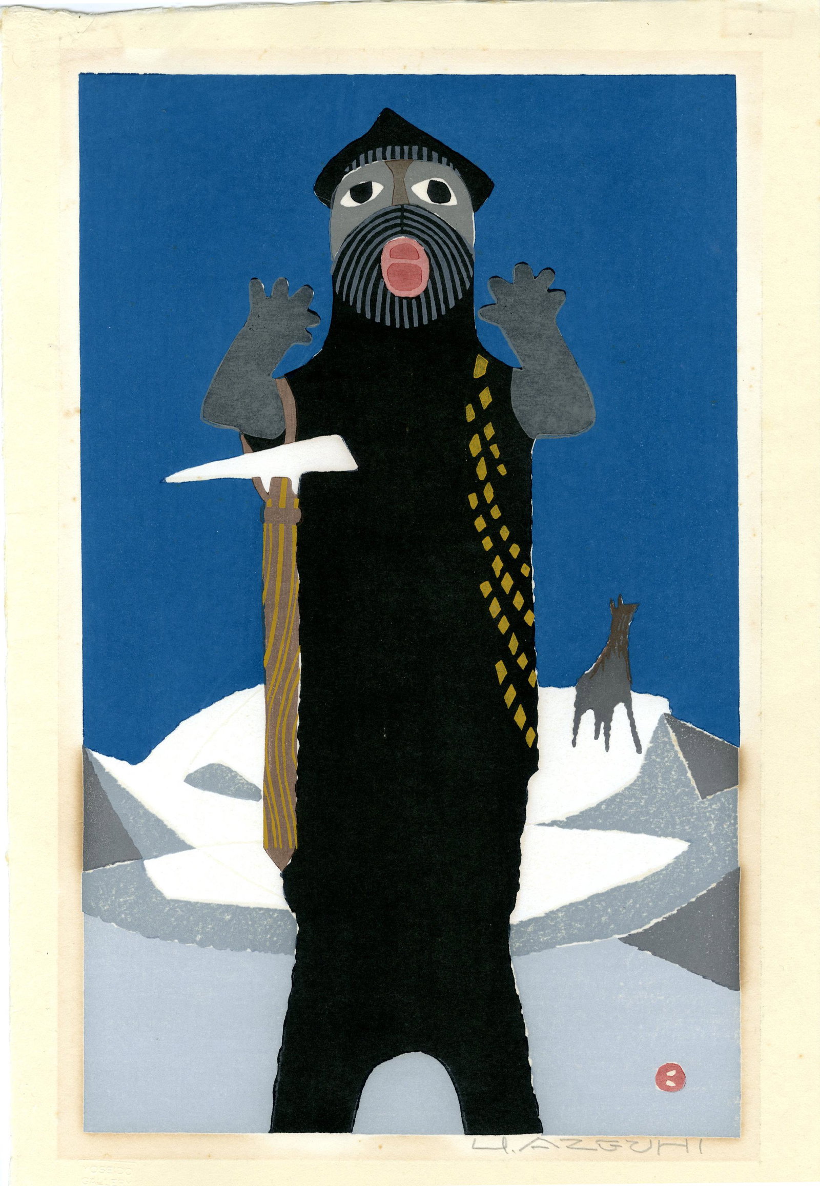 Azechi Umetaro: Mountaineer in Snow 1960 Woodblock: Japanese Woodblock Print, 1960s, self published, pencil signed SIZE IN INCHES: oban, 11.275 x 18 inches AZECHI UMETARO (1902-1999) was born to an impoverished farming family in Ehime prefecture on rem