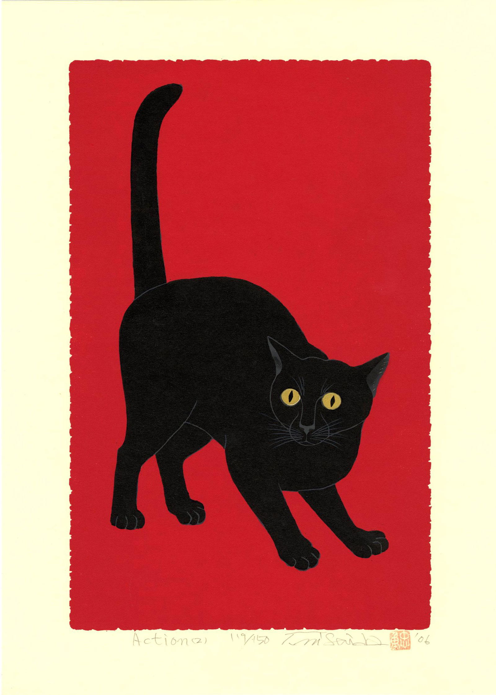 Nishida Tadashige: Action (Startled Black Cat) 2006 1st Ed Woodblock (1 of 2)
