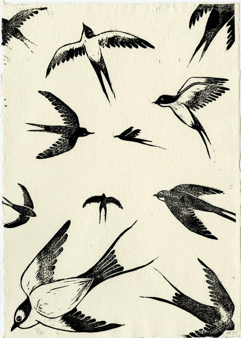 Not Signed: A Kettle of Swallows Woodblock: Japanese Style Woodblock Print, not dated, numbered 3/20 and initialed PEM SIZE IN INCHES: chuban, 8.5 x 11.75 inches COMMENTS: A group of swallows is collectively called a "kettle" of swallows.