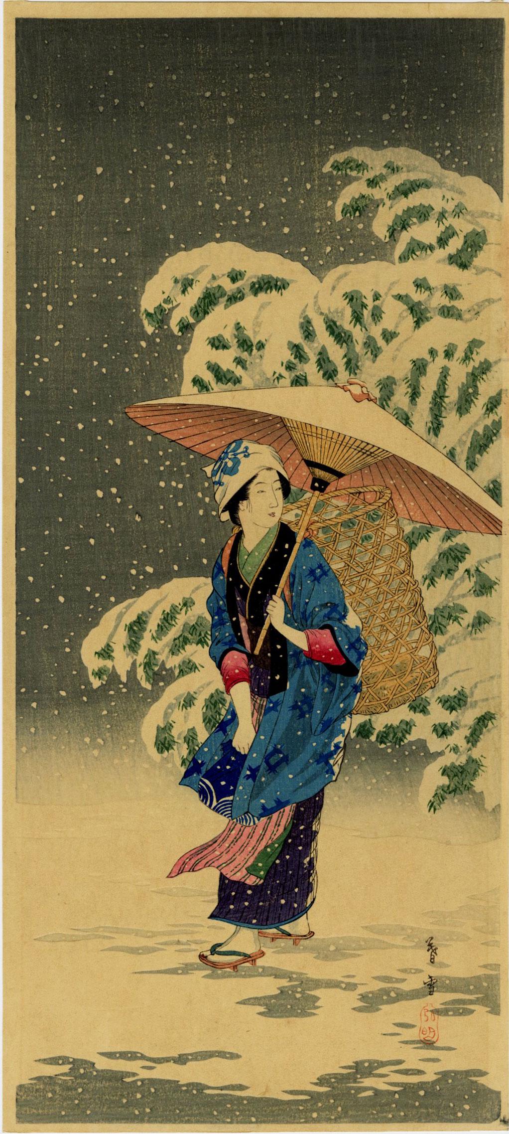Shotei (Hiroaki): Spring Snow 1936 Woodblock: Japanese Woodblock Print, 1936, published by Shozaburo Watanabe SIZE IN INCHES: ohosoban, 6.75 x 15 inches PROVENANCE: From the Robert O. Muller estate. COMMENTS: A young beauty, carrying an empty bas