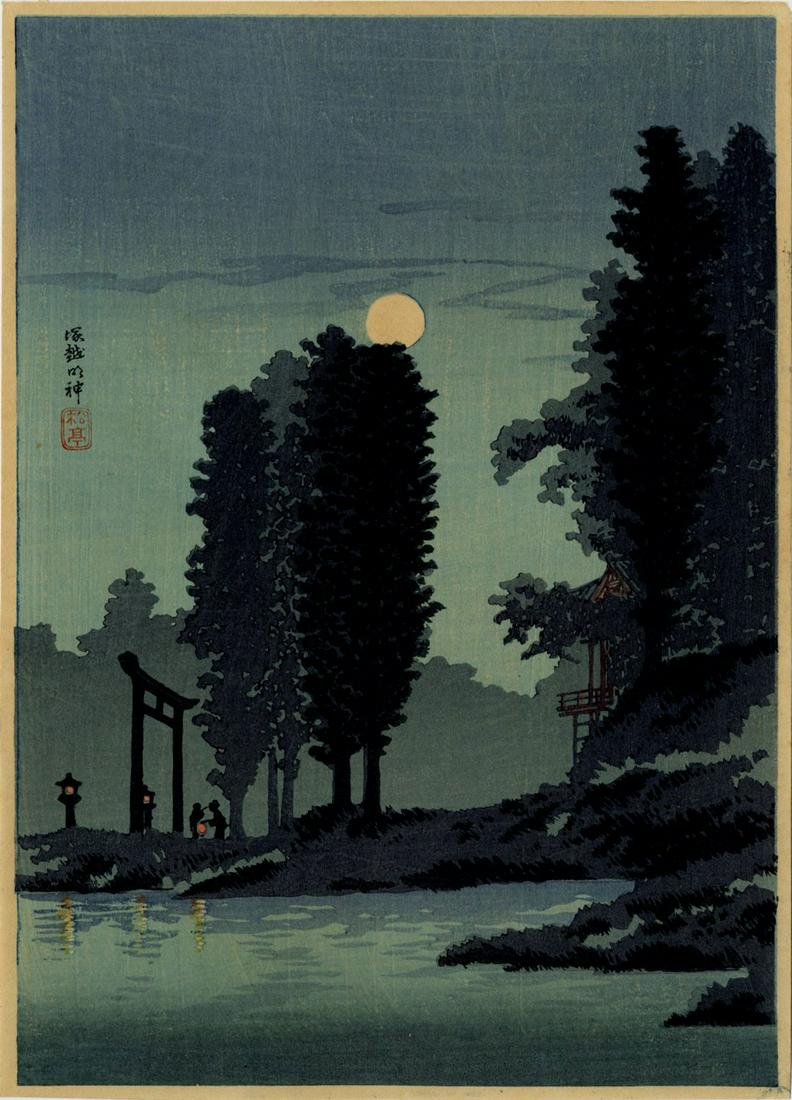 Shotei Takahashi: Moonrise at Shrine 1936 Woodblock: Japanese Woodblock Print, 1936, published by Shozaburo Watanabe SIZE IN INCHES: chuban, 7.125 x 10 inches PROVENANCE: From the Robert O. Muller estate TAKAHASHI SHOTEI (1871-1945) was born in Tokyo wi