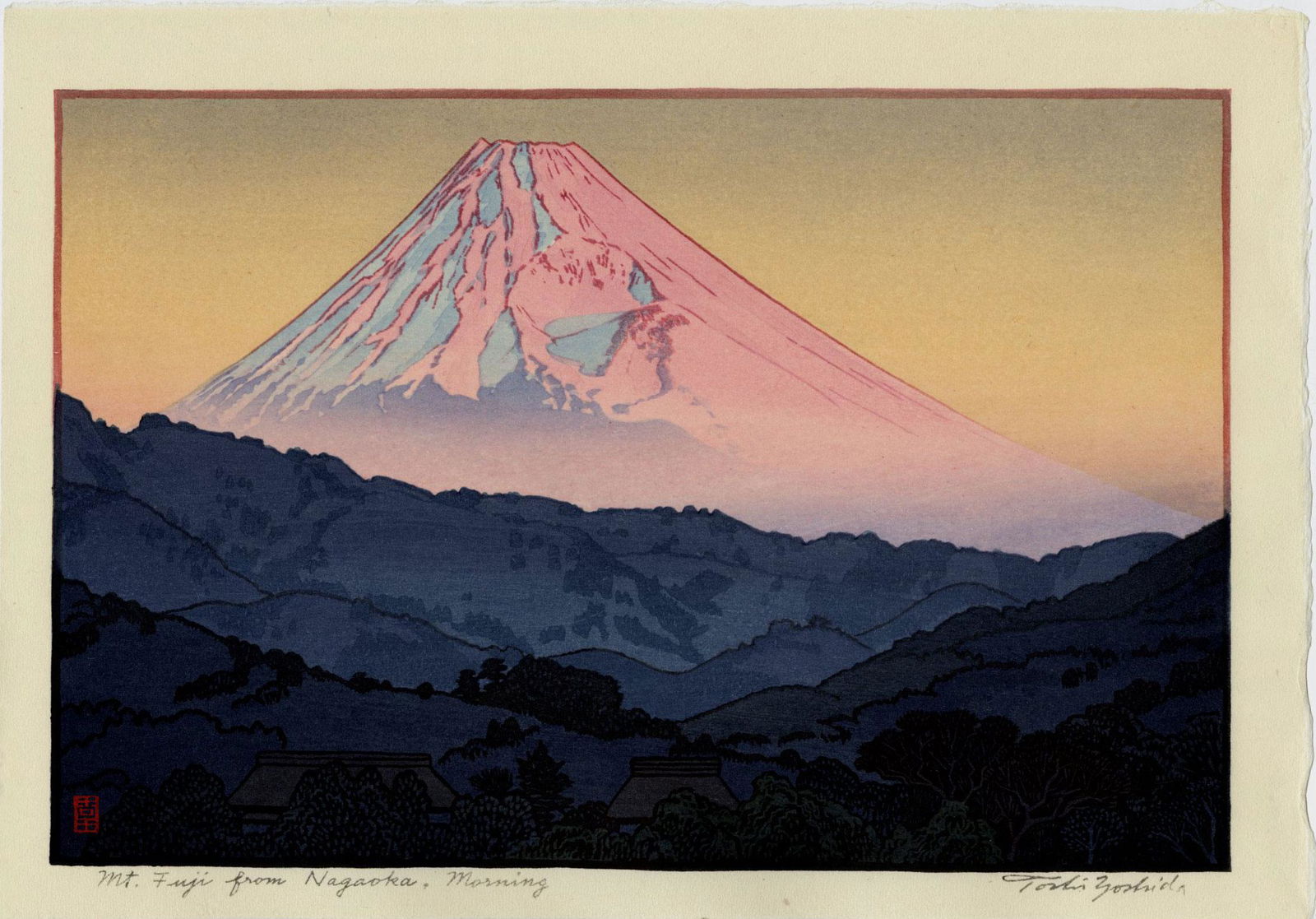 Toshi Yoshida: Fuji from Nagaoka, Morning 1962 Woodblock: Japanese Woodblock Print 1962, later edition with embossed signature printed from the original woodblocks, self published by Toshi Yoshida SIZE IN INCHES: aiban, approx. 13.5 x 9.5 inches TOSHI YOSHID