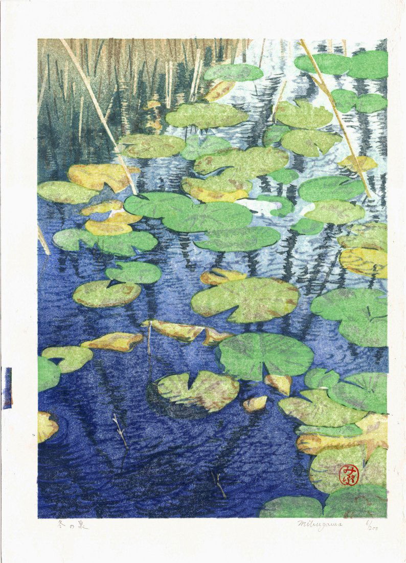 Junichi Mibugawa: Lily Pond in Winter Woodblock 1st Ed. (1 of 2)