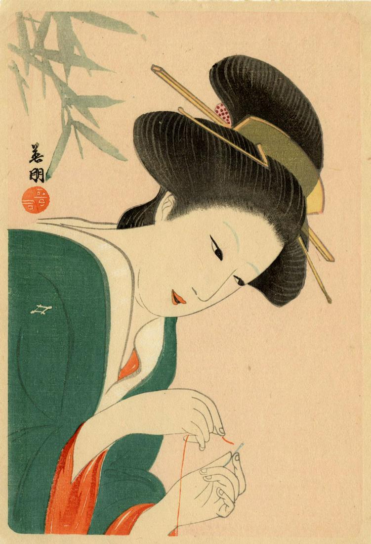 Eiho Hirezaki: Threading a Needle 1900 Woodblock NR (1 of 2)