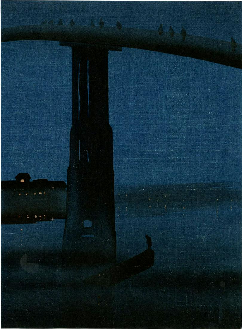 Eijiro Kobayashi: High Bridge by Night 1930s Woodblock (1 of 2)