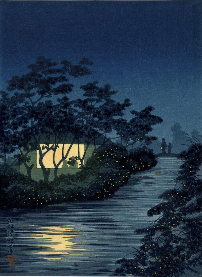 Kiyochika Kobayashi: River of Fireflies 1930s Woodblock: Japanese Woodblock Print, 1930 published by the Shima Art Co. SIZE IN INCHES: chuban, 7.5 x 10.25 inches PROVENANCE: From the Robert O. Muller estate. KOBAYASHI KIYOCHIKA (1847-1915) was a Japanese uk