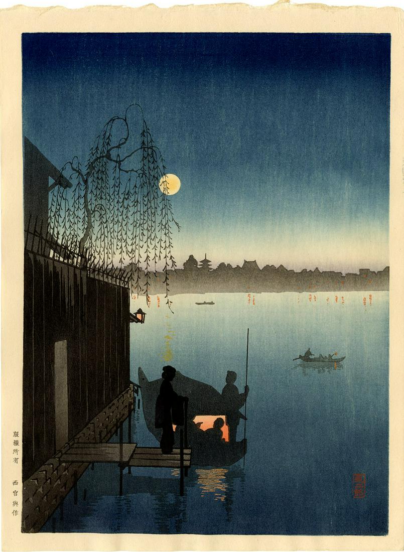 Shoda Koho: Taking the Evening Cool 1930s Woodblock (1 of 2)
