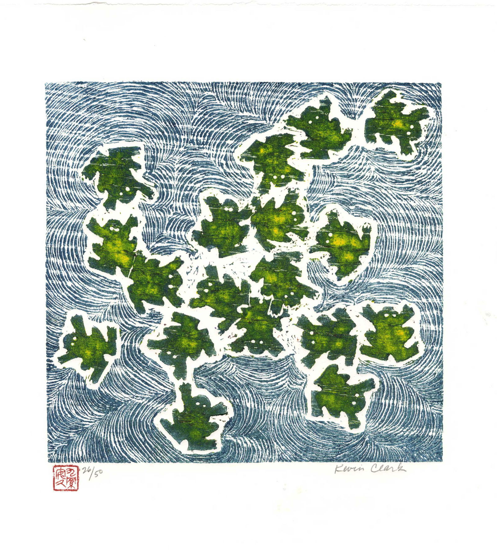 Kevin Clark - Frog Square #26/50 2012 woodblock NR: Japanese Woodblock Print, 2012, Self-carved, self printed, pencil-signed/numbered by artist. Limited Ed #26/50. SIZE IN INCHES: 11.75 x 12.75 COMMENTS: Boldly carved and crisply printed in "semi-sosak