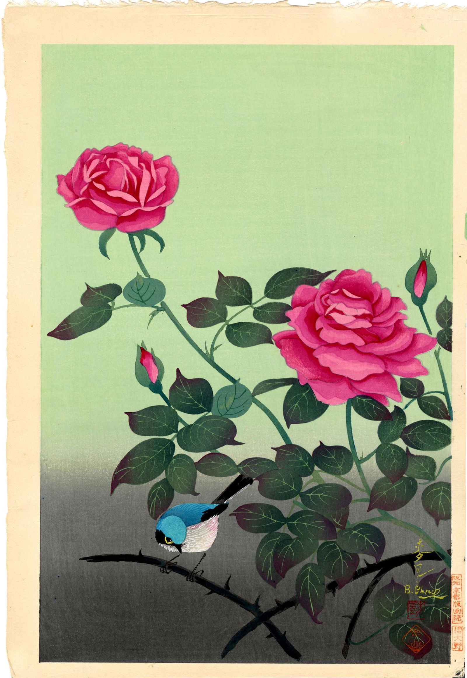 Bakufu Ohno: Red Rose and Bluebird 1952 Woodblock (1 of 2)