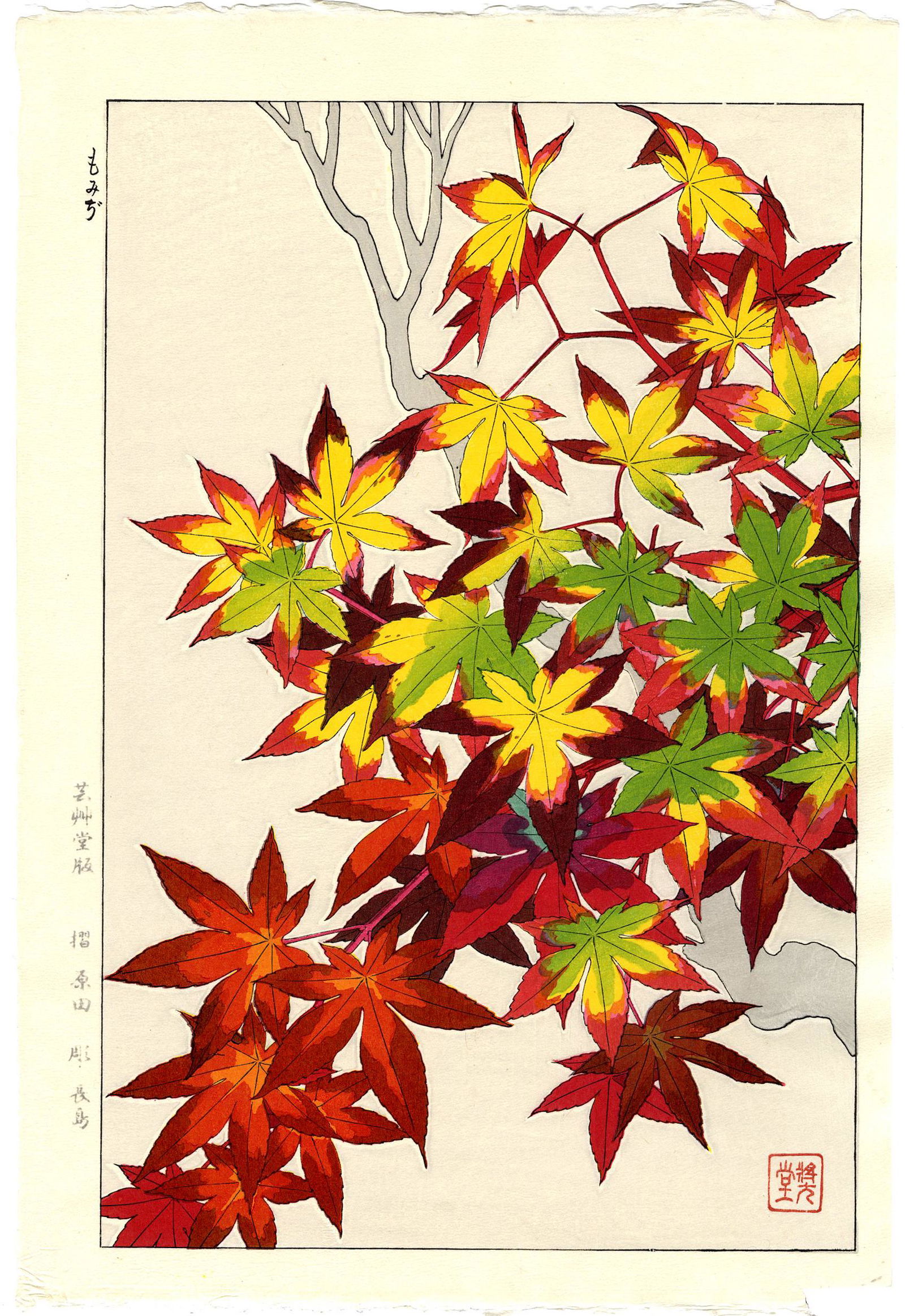 Kawarazaki Shodo: Maple Leaves in Fall 1954 Woodblock: Japanese Woodblock Print, 1954, this later printing published by Unsodo from the original woodblocks SIZE IN INCHES: oban, 10.5. x 15.5 inches SHODO KAWARAZAKI (1889-1973) is best known for his woodbl