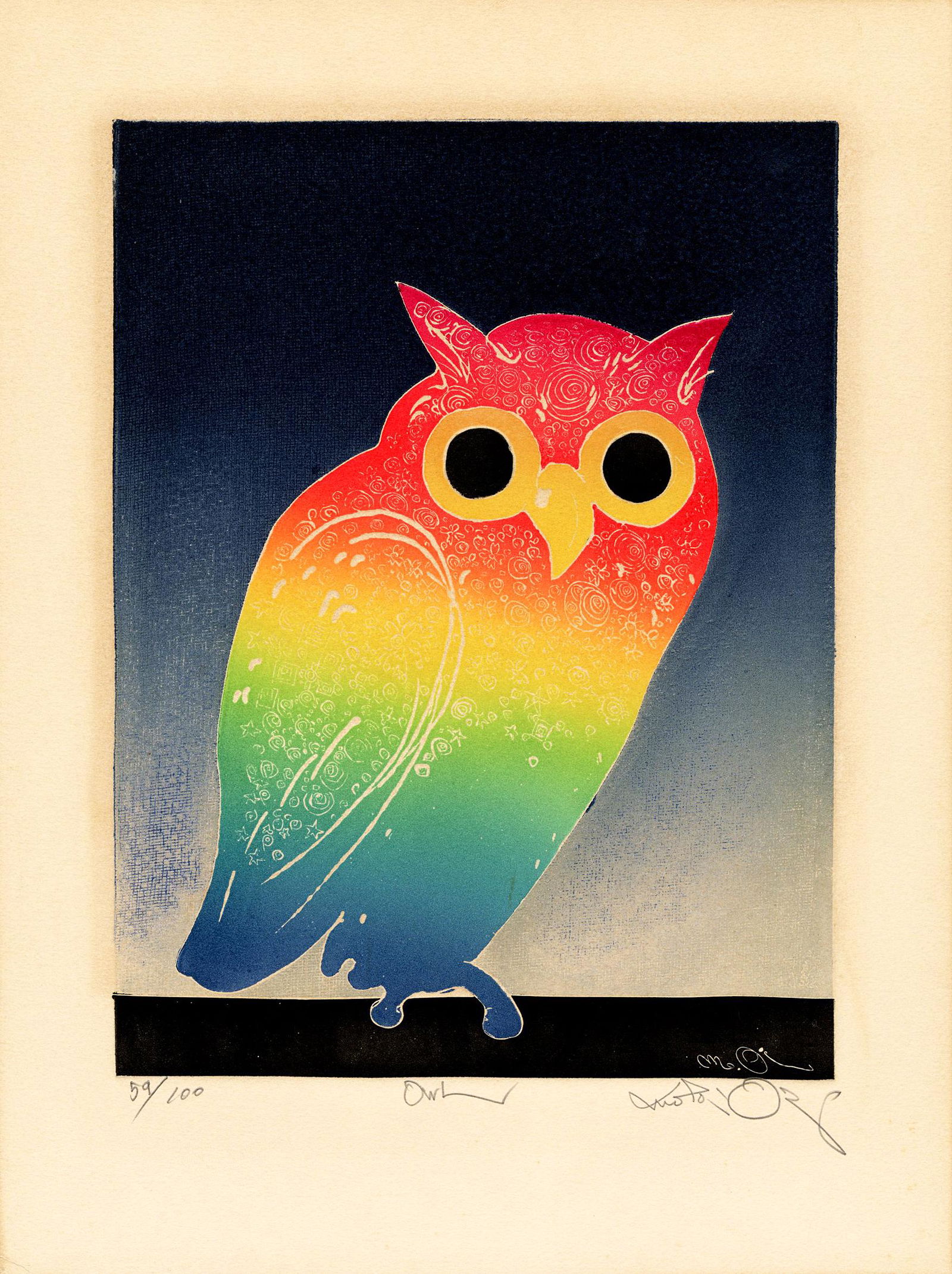 Motoi Oi: Owl 1st Ed. 1970 Color Etching (1 of 2)