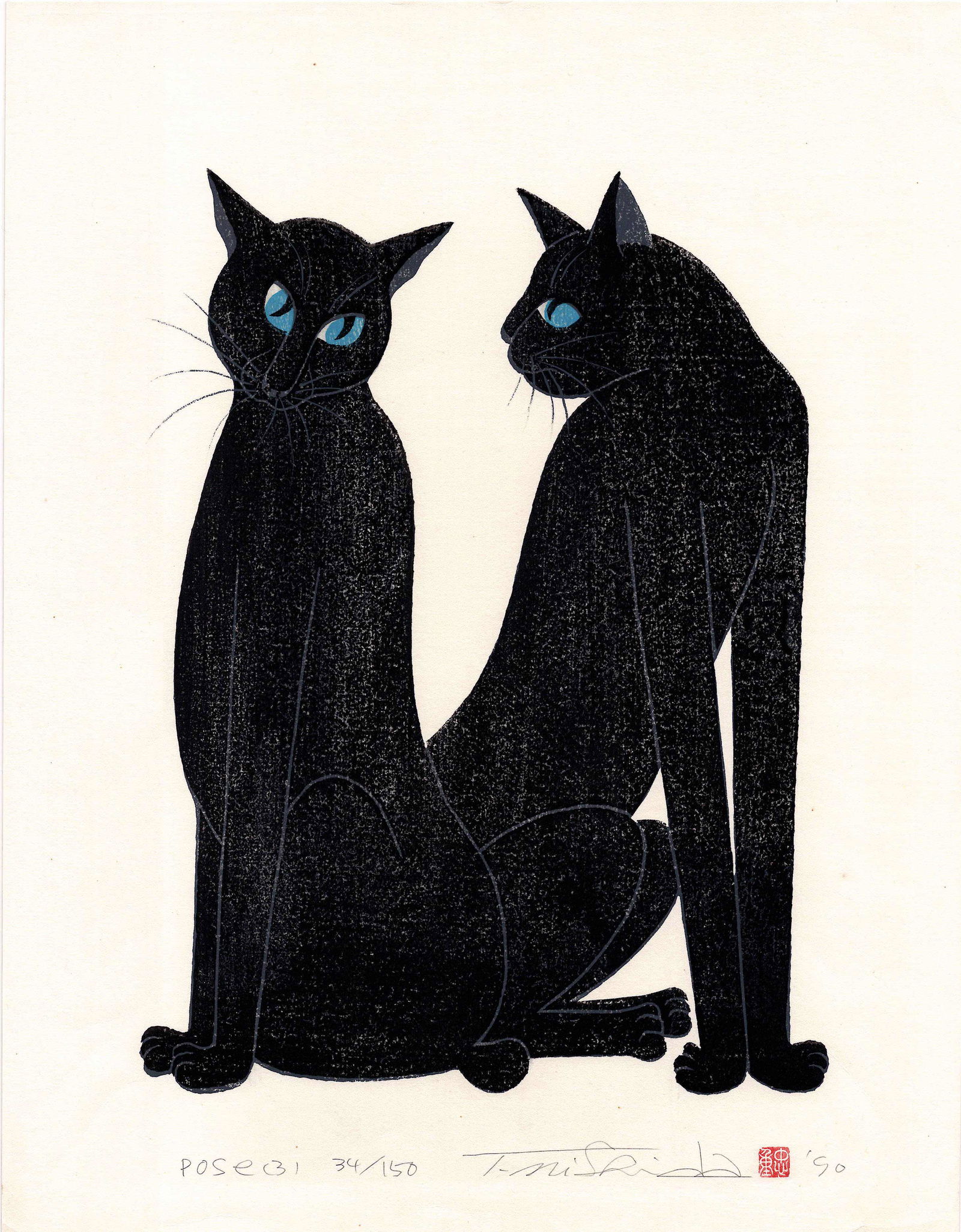 Nishida Tadashige: Cat Pose (3) 1990 Woodblock (1 of 2)