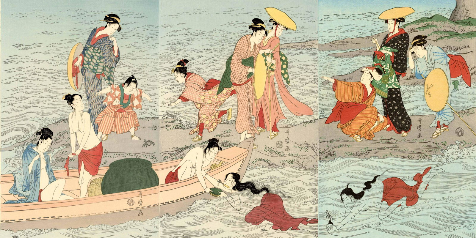 Utamaro Kitagawa: Abalone Divers Triptych 1790 Woodblock: Japanese Woodblock Print, originally published 1790 by Tsuruya Kiemon, this is a Showa era edition published by Takamizawa and printed from recarved woodblocks SIZE IN INCHES: Each panel approx 10.5 x