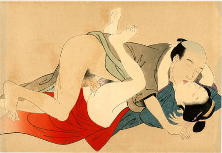 Maruyama Okyo - Lovers c1850 Shunga woodblock NR: Japanese Woodblock Print, c1850, publisher unknown. SIZE IN INCHES: 14.5 x 10 COMMENTS: Skillfully executed bokashi shading, highly detailed. Wonderful original vintage print.