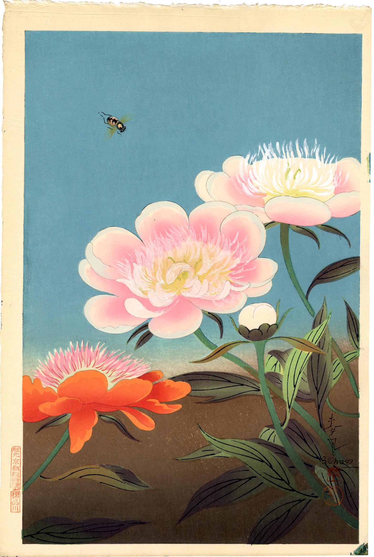 Bakufu Ohno: Bee and Peony 1950s Woodblock (1 of 2)