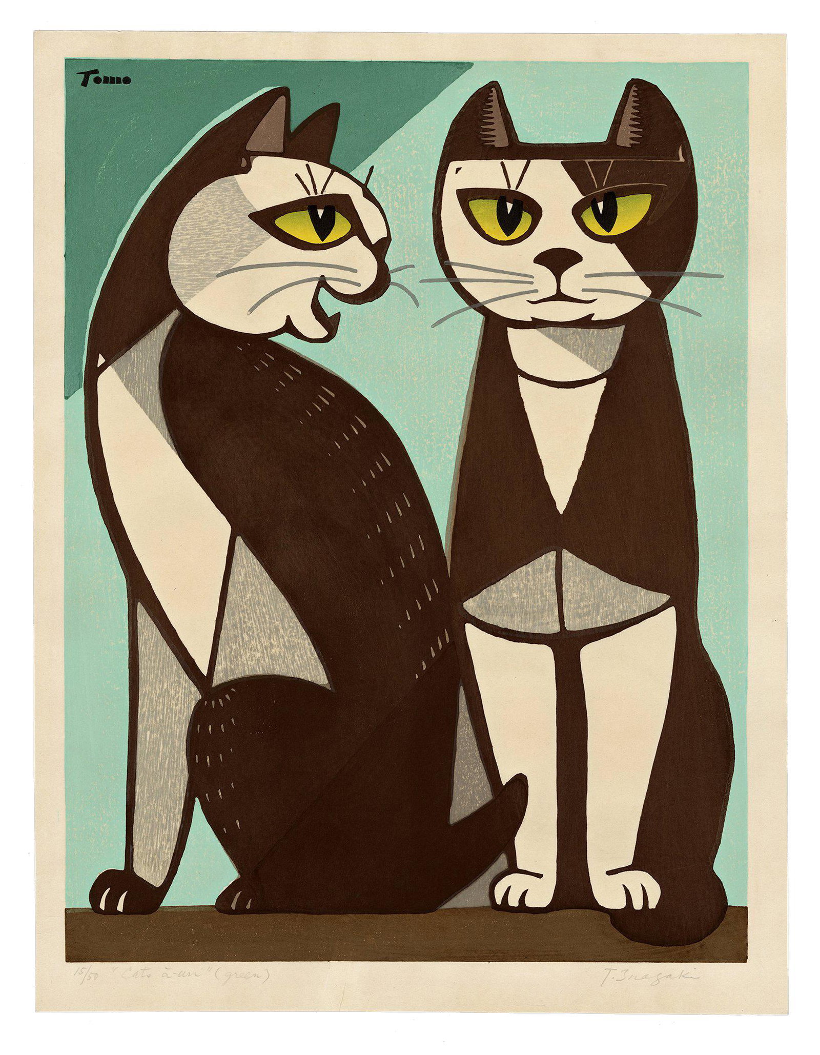 Tomoo Inagaki: Aun's Cats (Green) Woodblock (1 of 2)
