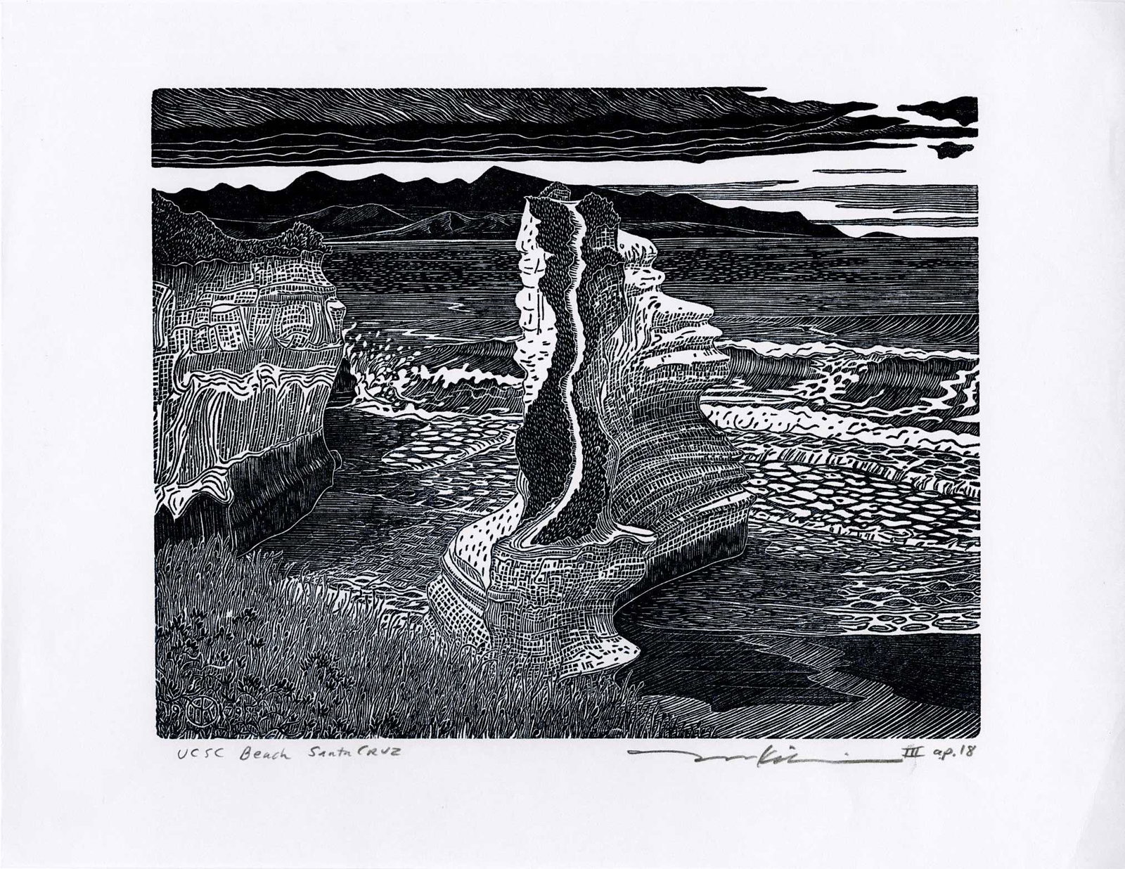 Tom Killion: UCSC Beach, Santa Cruz 2015: Multi-color Relief Print, 2015, pencil signed and numbered AP 18 SIZE IN INCHES: 13.5 x 10.5 inches TOM KILLION (b.1953) is an American artist, author, African historian and educator. The subject matt