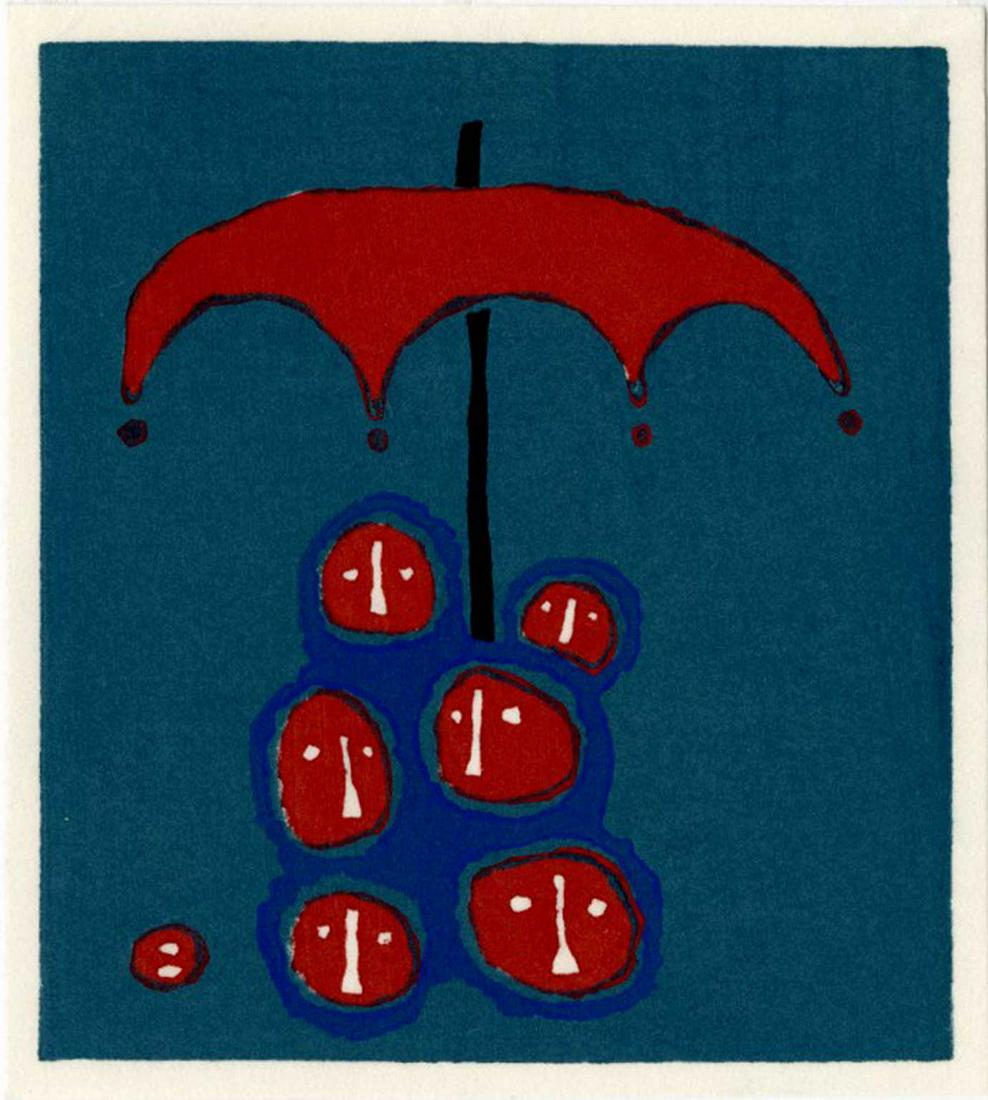 Azechi Umetaro - Umbrella and Faces 1960s Woodblock NR: Japanese Woodblock Print, c1960/70, Yoseido Gallery Publisher (Tokyo). SIZE IN INCHES: 4.5 x 5 COMMENTS: Bold "sosaku hanga" style printing, rich deep colors, onto heavy Japanese paper. UG1222