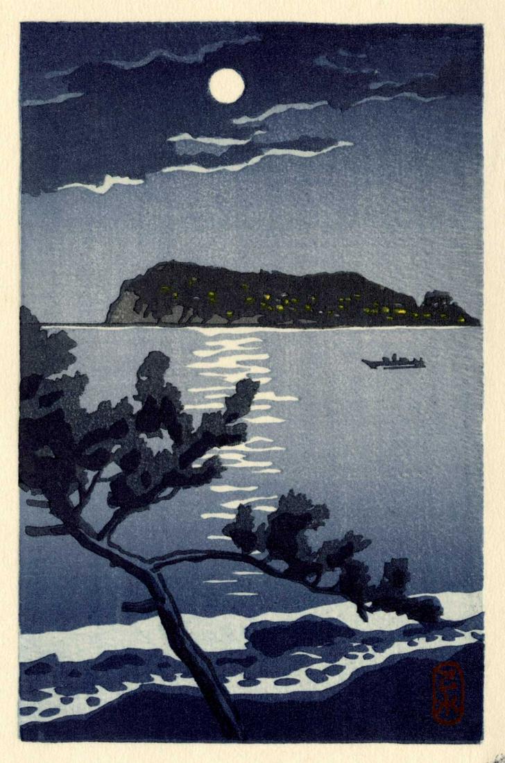 Hasui Kawase: Enoshima Island Woodblock: Japanese Woodblock Print, Japanese Woodblock Print, 1930's, later printing published by Watanabe SIZE IN INCHES: yatsugiri-ban,4.25 x 6.25 inches COMMENTS: The shin hanga publisher Watanabe produced s