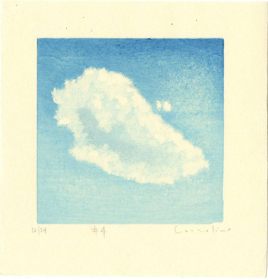 Mara Cozzolino: Cloud #4 1st Ed Woodblock: Japanese Style Reduction Woodblock Print, 2020, self published by Mara Cozzolino, signed, titled and numbered 16/24. SIZE IN INCHES: 6 X 6 inches WHAT IS A REDUCTION WOODBLOCK PRINT? Reduction woodblo