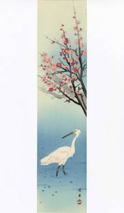 Okyo Maruyama: Heron and Plum Blossom 1920s Woodblock: Japanese Woodblock Print, c 1920 published by Shima Art Co. SIZE IN INCHES: tanzaku, 3 x 13.5 PROVENANCE: From the Robert O. Muller estate. MARUYAMA OKYO (1733-1795) was the most influential painter a