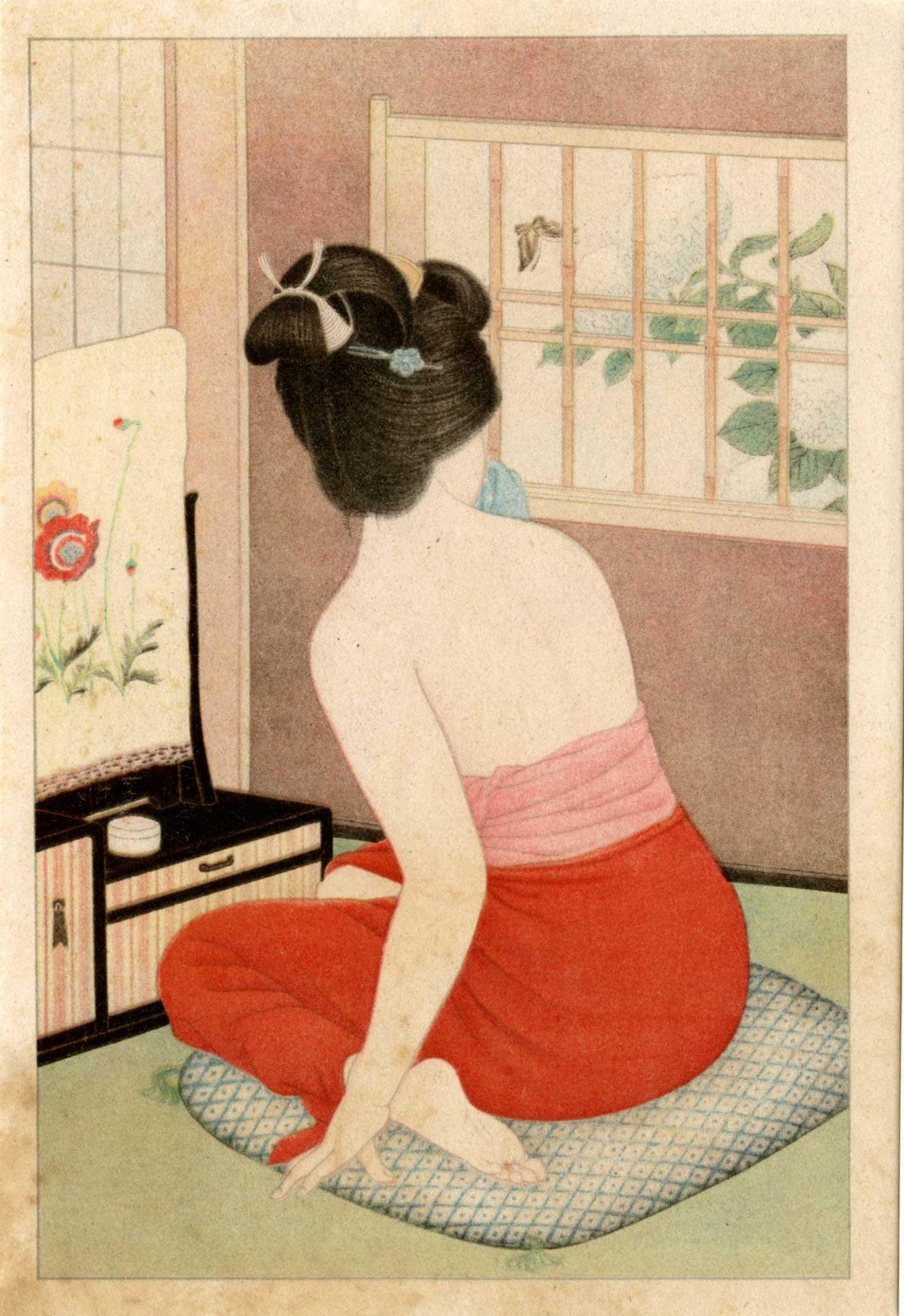Shinsui Ito: Woman Before a Mirror Shunga: Japanese Lithograph, Taisho/early-Showa era 1920-30s, Publisher unknown. SIZE IN INCHES: koban, 5 x 7.25 inches COMMENTS: Taisho era Ito Shinsui lithograph from a set titled "Fragrant Beauties" ITO SH
