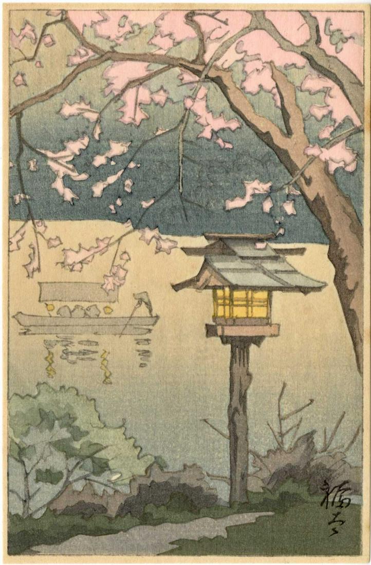 Terauchi Fukutaro: Blossoming Cherry Riverside 1950s Woodblock: Japanese Woodblock Print, c. 1950s publisher unknown SIZE IN INCHES: yatsugiri-ban, 4 x 5.75 inches COMMENTS: Terauchi Fukutaro was a watercolor painter well-known for his depictions of Japanese lands