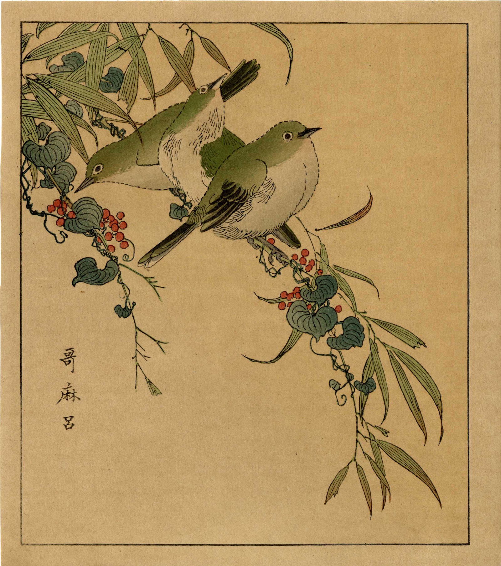 Utamaro Kitagawa: Japanese Warbling White-Eye Woodblock (1 of 2)