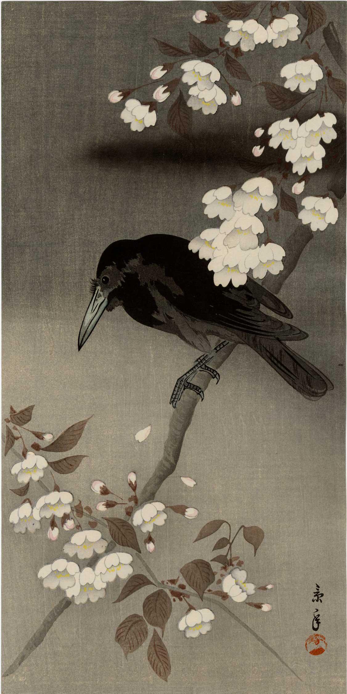 Keinen Imao: Crow on Cherry 1930s Woodblock (1 of 2)