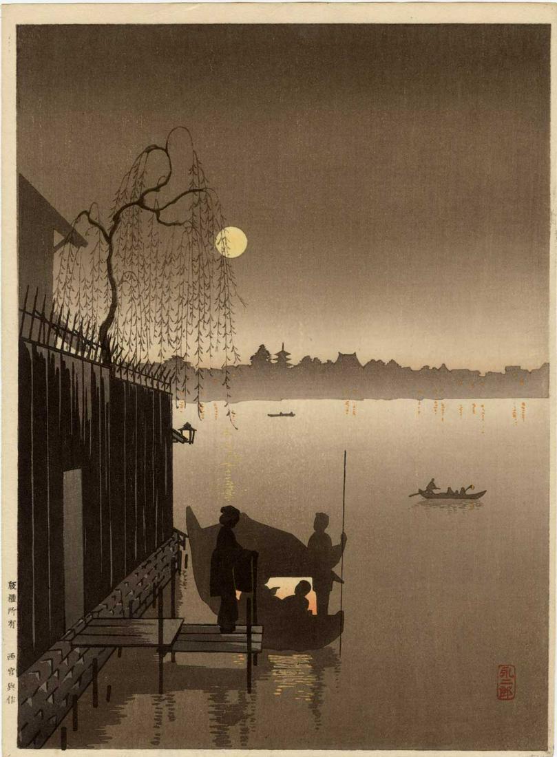 Koho Shoda: Evening Cool 1930s (Sepia) Woodblock: Japanese Woodblock Print, c1930's, published by Hasegawa/Nishinomiya SIZE IN INCHES: chuban, 7.5 x 10.5 inches PROVENANCE: From the Robert O. Muller estate. COMMENTS: The "Night Scene" series of print