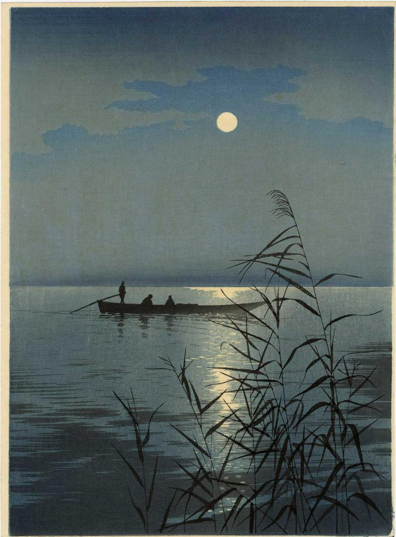 Koho Shoda: Summer Moon and Reeds 1910s Woodblock RARE (1 of 2)