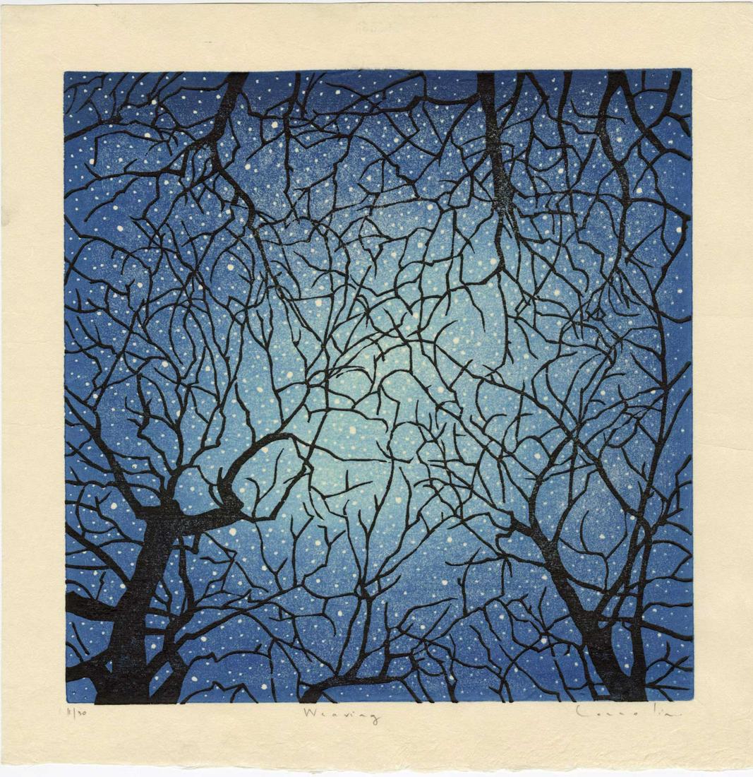 Mara Cozzolino: Weaving 2018 1st Ed. Woodblock: Japanese Style Reduction Woodblock Print, 2018, self published by Mara Cozzolino, signed, titled and numbered 11/30. SIZE IN INCHES: shikishi, 11.75 x 12 inches WHAT IS A REDUCTION WOODBLOCK PRINT? Re