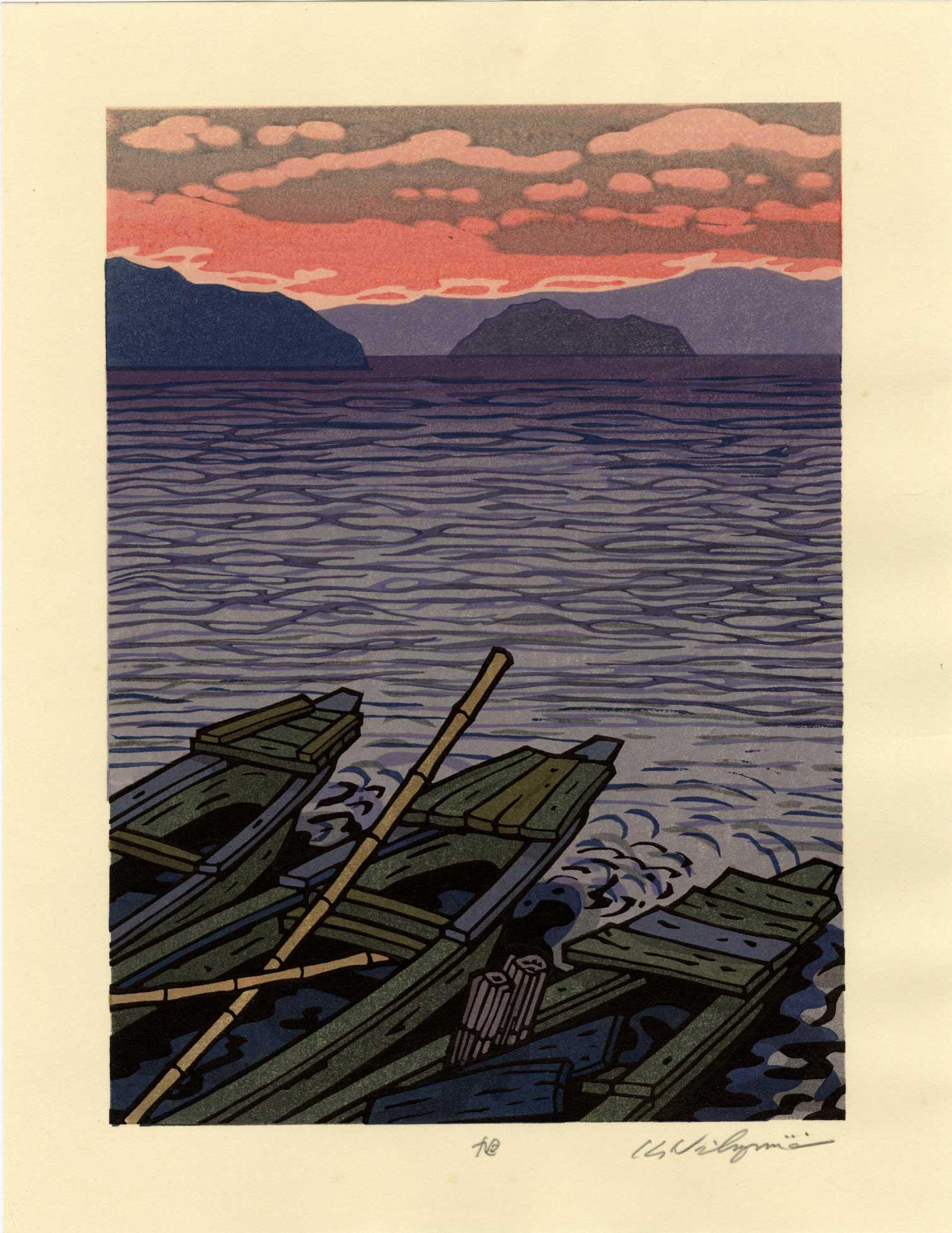 Nishijima Katsuyuki: Sunset Lake Biwa 1990s Woodblock (1 of 2)