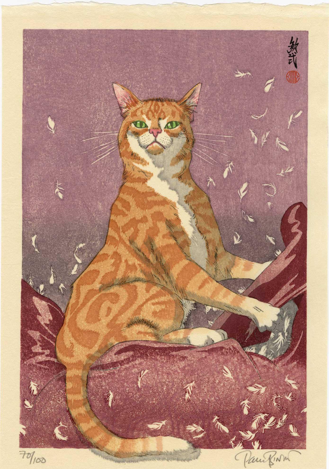 Paul Binnie: Cat Feathers (Red) 1st Ed Woodblock (1 of 2)