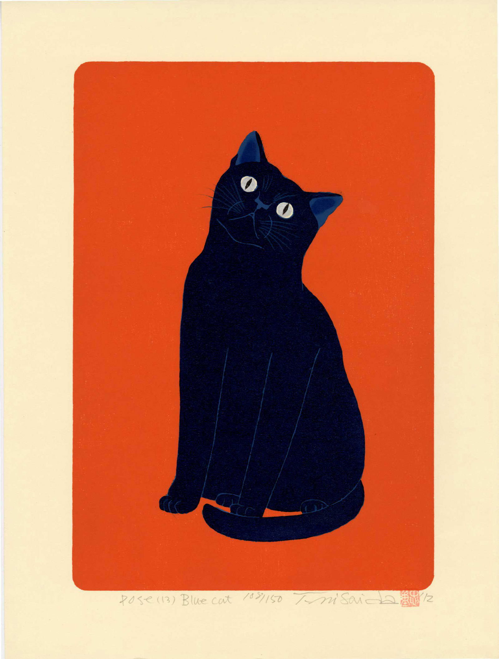 Tadashige Nishida: Pose Blue Cat 2012 Woodblock (1 of 2)
